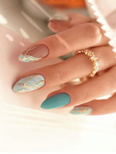 Multicolor  Collar    Uñas de Color Embellished Gel Almond Nails Ideas, Nails For Turquoise Dress, Matt Color Nails, Summer Nail Designs Almond Shape, Top Nail Designs 2024, Summer Gel Nails Multicolor, Almond Teal Nails, Cute Simple Nails, Beauty Nails Design