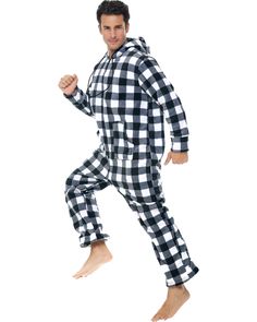 Buffalo Check White Black Winter Pjs, Pajamas For Men, Adult Onesie Pajamas, Adult Pajamas, Onesie Pajamas, Pajamas Set, Zip Up, Pajamas