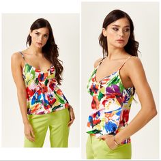 Abstract Print, Cami Top 100% Polyester Tropical Vibes Colorful Summer Top With Yellow Pattern, Yellow Tops With Colorful Pattern For Summer, Vibrant Yellow Floral Print Tops, Casual Tops With Vibrant Print For Party, Yellow Summer Top With Vibrant Print, Yellow Summer Tops With Vibrant Print, Spring Yellow Top With Colorful Pattern, Vibrant Green Tropical Print Top, Vibrant Sleeveless Spring Tops