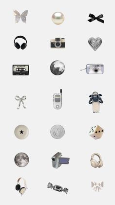 various objects are arranged in the shape of a circle on a white background, including headphones and other items