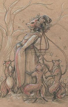 a drawing of a woman surrounded by foxes