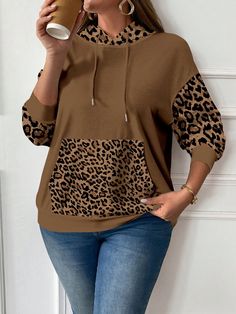 Plus Size Women's Casual Brown Leopard Patchwork Hooded Loose Sweatshirt, Suitable For Autumn And Winter Brown Casual  Long Sleeve Knitted Fabric Colorblock,Leopard Print,Textured Pattern Pullovers Slight Stretch  Women Plus Clothing, size features are:Bust: ,Length: ,Sleeve Length: Plus Size Sweatshirts, Long Pullover, Brown Leopard, Drawstring Hoodie, Kids Sleepwear, Casual Hoodie, Women's Casual, Scarf Print, Long Sleeve Knit