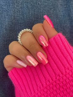 Multicolorido  Collar    Unhas 3D Embellished Pink Chrome Nails, Cute Pink Nails, Chrome Nails Designs, Hot Pink Nails, Valentine Nails, Easy Nails, Colorful Nails, Dipped Nails, Nailed It