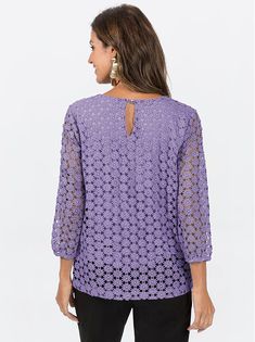 This top enchants with its modern, pleasantly soft floral lace. Comfortable jersey lining, only the 3/4-length sleeves remain sheer. Rounded neckline with vent and button/loop fastening on the back. Bust darts. Length approx. 24 inches (misses) 100% polyester. Lining: 100% rayon. Machine washable. Imported. Spring Lace Blouse With 3/4 Sleeves, Lace Blouse With Three-quarter Sleeves For Spring, Lace Blouse With 3/4 Sleeves For Spring, Spring Half Sleeve Tops With Lace Trim, Summer Lace Blouse With 3/4 Sleeves, Spring Lace Top With 3/4 Sleeves, Chic 3/4 Sleeve Tops With Lace Trim, 3/4 Sleeve Lace Blouse With Lace Trim, Lace Tops With 3/4 Sleeve And Lace Trim