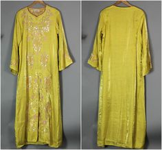 "Stunning long bohemian ethnic dress - such a striking color palette - a unique yellow (with a chartreuse tone) and pale pink. Nice and fancy with sequin and embroidery detail. Perfect modest boho party, New Years eve or holiday festive gown in my opinion. Lined. Comfortable & so gorgeous. tag size XL could fit various depending on desired fit, body type etc. Appox Measurements: Armpit 22\" pulled taut. length 57\" shoulder back seam to seam 15.75\" Condition Preloved and has minor imperfect Maxi Dress Modest, Southern Belle Dress, Muumuu Dress, Dress Modest, Dress Embroidery, Boho Party, Ethnic Dress, 90s Dress, House Dress