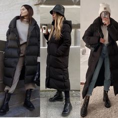 Puffer Coat Outfit Aesthetic, Outfits With Long Puffer Jackets, Long Padded Coat Outfit, Plumiferos Mujer Outfit, Padded Coat Outfit, Scandinavian Winter Outfits