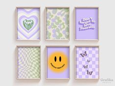 four square frames with different designs and words on them, one has a smiley face