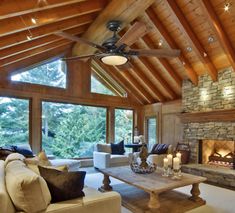 a living room filled with furniture and a fire place in the middle of a room