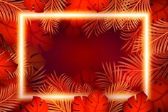 a square frame surrounded by tropical leaves on a red background with an orange light in the middle