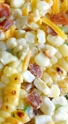 corn salad with bacon and cheese in a bowl