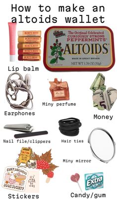 the contents of an altoids wallet are shown in this graphic above it's caption