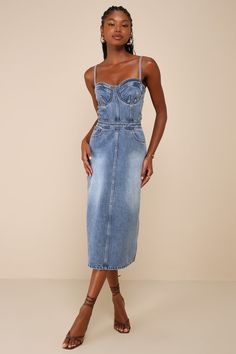 Channel all the cutest Y2K vibes with the Lulus Trendsetting Gal Medium Wash Bustier Bodycon Midi Dress! Sturdy cotton-blend denim shapes a bustier bodice with a seamed cups, a sweetheart neckline, and adjustable spaghetti straps. Banded waist tops a bodycon skirt that has three, jeans-style front pockets. Light fading accents the skirt as it falls to a midi hem with a back kick pleat. Hidden zipper at back. Fit: This garment fits true to size. Length: Mid-calf length. Size medium measures 41.5" Denim Spaghetti Strap Dress, Denim Corset Dress, Y2k Dresses, Midi Dress Blue, Y2k Vibes, Denim Midi Dress, Denim Corset, Lulus Dresses, Bodycon Skirt