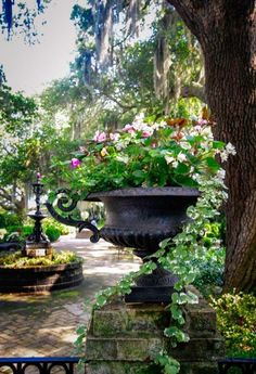 an iron planter filled with flowers on top of a stone bench next to a tree