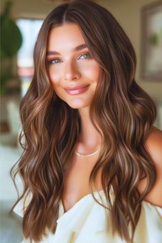 Silky Brunette Waves Hairstyle on a smiling woman with brown hair. Hair Curls For Wedding, Loose Waves Half Up Half Down, Curled Hair Formal Styles, Wavy Party Hairstyles, Hair With Curling Iron, Loose Hair Curls, Simple Loose Curls Hair Styles, Blowout With Loose Curls, Long Loose Wedding Hair