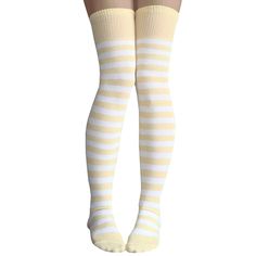 Soft over the knee socks with dandelion yellow and white stripes.  Made in USA Chrissy’s Socks 877-862-6267 Yellow Thigh High Socks, Cute Yellow Shoes, Heather Mcnamara, Master Manifestor, Camilla Rose, Striped Thigh High Socks, White Thigh Highs, Thigh Socks, Yellow Socks