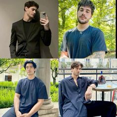 four different pictures of men in blue shirts and black pants, one is holding a cell phone