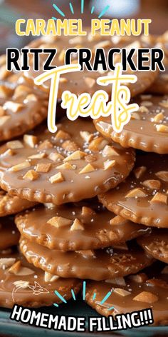 a plate full of caramel peanut ritz cracker treats with text overlay