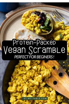 Protein-packed vegan scramble in a skillet and wrapped in a tortilla. Perfect plant-based breakfast option for beginners, with seasoned tofu and veggies.