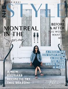 a woman sitting on steps in front of a white door with the cover of style magazine