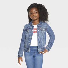 Levi's® Girls' Trucker Jeans Jacket - Dark Wash : Target Girl Trucker, Jeans Jacket, Girls Denim, Girl Coat, Kids Outfits Girls, Trucker Jacket, Stretch Denim, Jean Jacket, Insulation