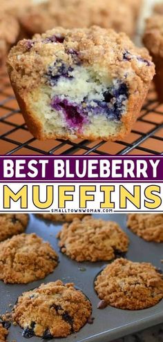 blueberry muffins on a cooling rack with the words best blueberry muffins