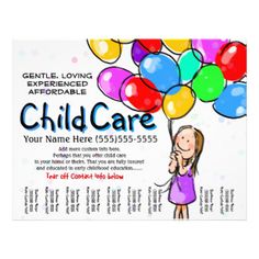 a child care business card with a cartoon girl holding balloons in front of her face