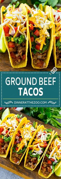 ground beef tacos with cheese and lettuce on top