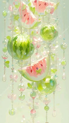 watermelon slices and bubbles hanging from strings