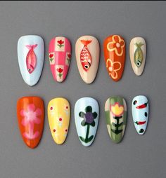 Short Almond Nail Art, Nail Short Almond, Fish Nail Art, Fish And Flowers, Fish Nails, Nail Short, Almond Nail Art, 3d Fish, Flowers Acrylic