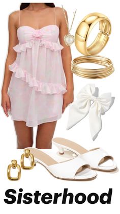 gold jewelry, gold, pink dress, white heels Sorority Rush Outfits, Rush Week, Sorority Recruitment Outfits, Recruitment Outfits, Sorority Rush, Gamma Phi Beta, Gamma Phi, Sorority Recruitment