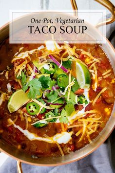 one pot vegetarian taco soup in a copper bowl