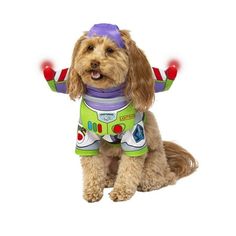 a dog wearing a buzz lightyear costume with his hands in the air while sitting down