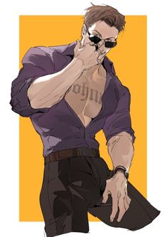 a drawing of a man with sunglasses talking on a cell phone and holding his hand to his face