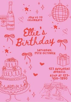 a pink birthday card with an image of a cake and presents