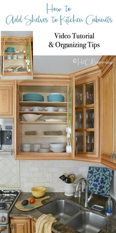 the kitchen cabinets are organized and organized with pictures on them to show how they can be used