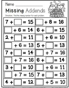 missing addends worksheet to help students learn addition skills and practice numbers