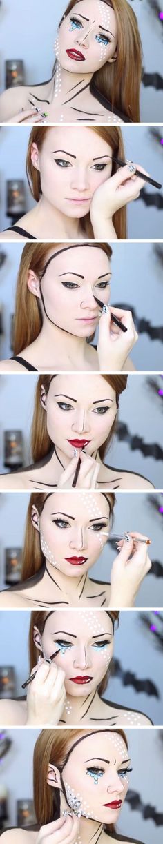 Paso a paso para un maquillaje de Halloween inspirado en un dibujo POP Comic Book Makeup Tutorial, Comic Book Makeup, Zombie Make Up, Make Up Diy, Pop Art Makeup, Diy Halloween Costumes Easy, Smink Inspiration, Last Minute Halloween Costumes, Special Effects Makeup