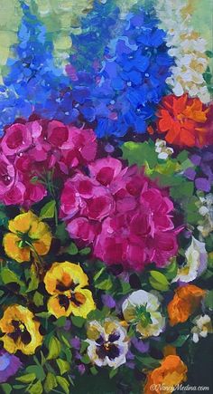 an oil painting of colorful flowers on a green and yellow background with white, red, blue, and purple colors