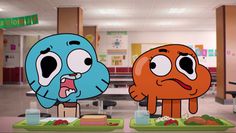 two cartoon characters sitting at a table with food in front of them and one has his mouth open