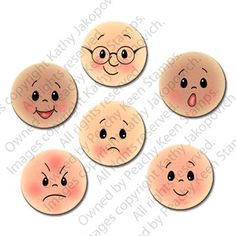 six buttons with different faces on them