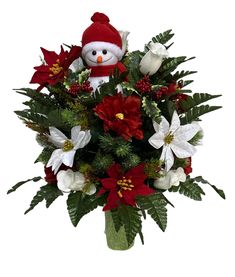 a bouquet of red and white flowers with a snowman in the middle on a white background