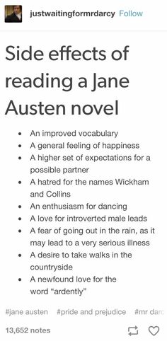 an advertisement for the book side effects of reading jane austen novel, which is written in