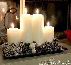 candles are lit on a tray with pine cones