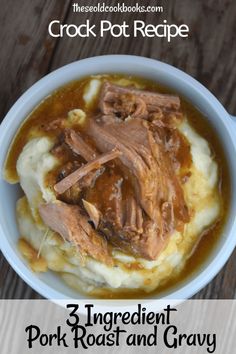 pork roast and gravy in a white bowl on top of mashed potatoes