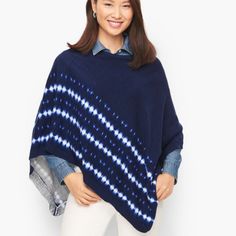 Shibori Stripe Poncho. Our Easy Light Layer. Knit From Cotton In A Chic Shibori Stripe Print With A Triangular Hem. Features Poncho Imported New With Tags Cornet To Corner 38" Length 23"-30" R2 Plus Size Shibori, White Poncho, White Pullover, Plaid Pencil Skirt, Talbots Sweater, Poncho Style, Classic Style Women, Pullover Designs, Shrug Sweater