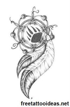 a black and white drawing of a feather with beads on it's head, in the shape of a dream catcher