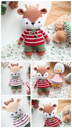 crocheted christmas animals are shown in four different pictures, including one wearing a red and white sweater