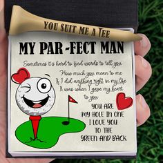 someone is holding up a golf card with the message, you sit me a tee my par - fet man