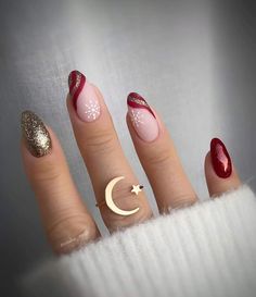 Dark Red And Gold Nails, Korean Winter Style, Burgundy And Gold Nails, Plum Nails, Red And Gold Nails, Dark Red Nails, Angel Nails, Korean Winter, Builder Gel Nails