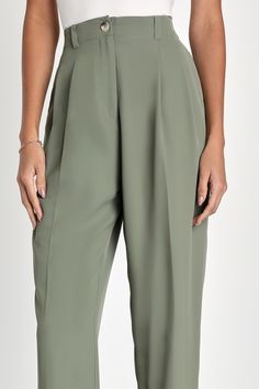 Leave everyone in awe of your posh presence in the Lulus Sophisticated Company Sage Green Straight Leg Trouser Pants! These chic pants keep things classy with their flat woven composition and high-waisted fit, complete with belt loops, a tortoise top button-closure, and a hidden zip fly. The straight pant legs feature light pleating, side seam pockets, and decorative welt pockets at back before ending at tailored, ankle-length hems. Elastic at back for fit. Fit: This garment fits true to size. L Chic Formal Dress Pants With Elastic Waistband, Elegant Business Casual Bottoms With Elastic Waistband, Elegant Tapered Leg Pants With Elastic Waistband, Elegant Trousers With Elastic Waistband, Elegant Pants With Elastic Waistband And Tapered Leg, Elegant Elastic Waistband Bottoms For Business Casual, Elegant Dress Pants With Elastic Waistband, Elegant High-waist Dress Pants With Elastic Waistband, Elegant High Waist Dress Pants With Elastic Waistband